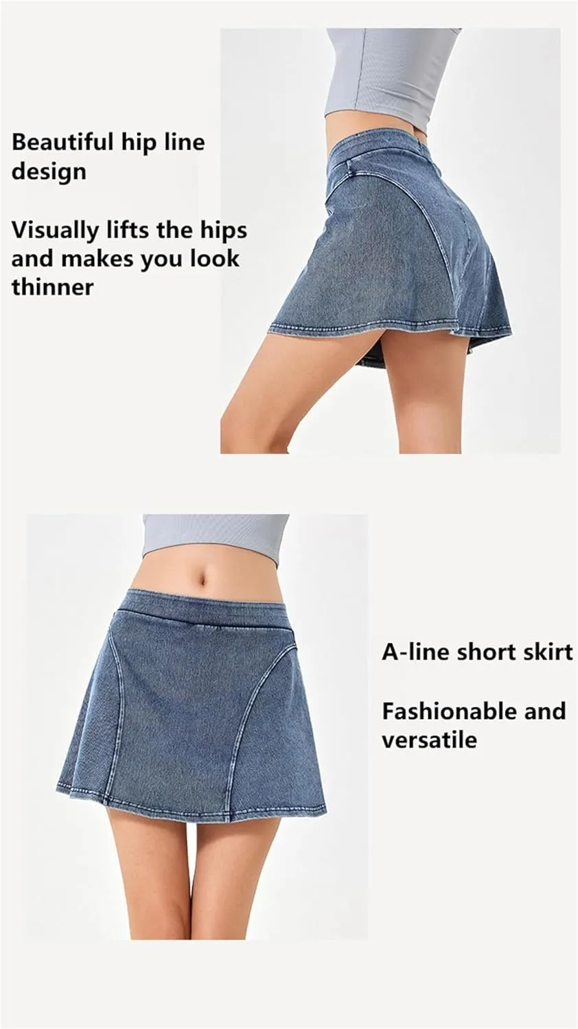 Womens Denim Mini Trendy High Waisted Jean Skirts, High Elastic Two Piece Yoga Short Skirt Outside Fitness Shorts