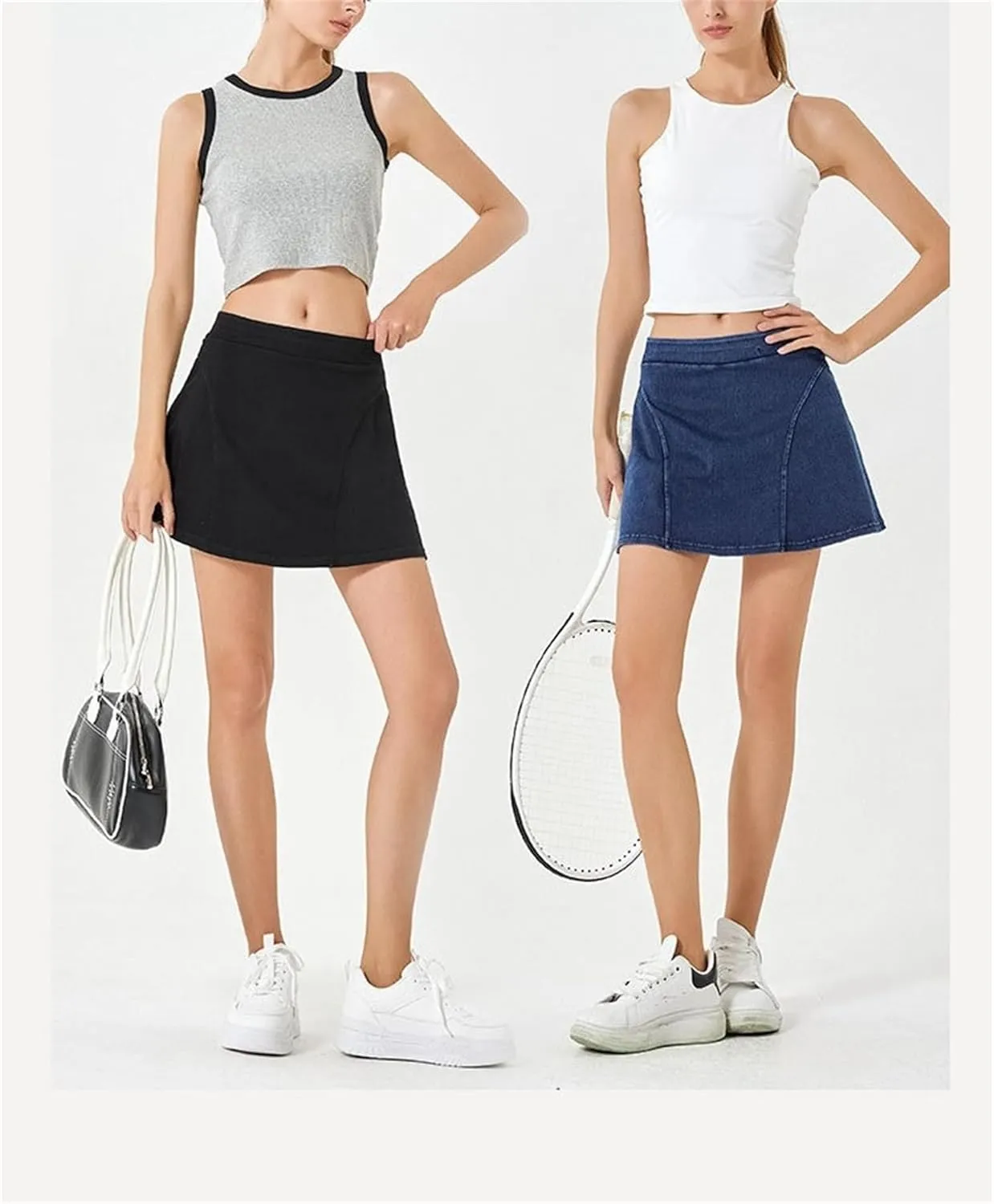 Womens Denim Mini Trendy High Waisted Jean Skirts, High Elastic Two Piece Yoga Short Skirt Outside Fitness Shorts