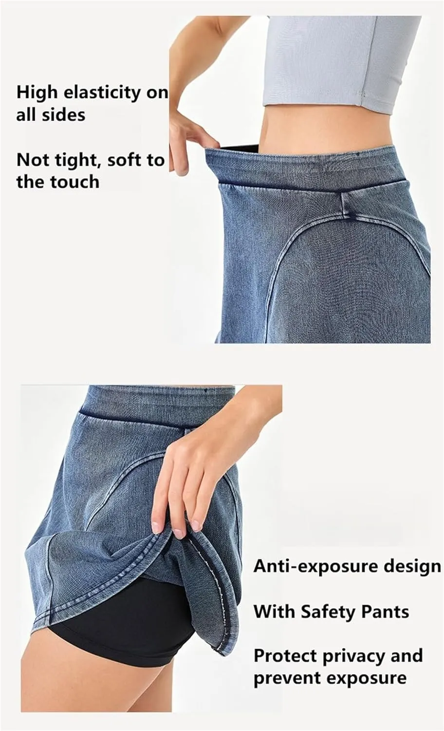 Womens Denim Mini Trendy High Waisted Jean Skirts, High Elastic Two Piece Yoga Short Skirt Outside Fitness Shorts