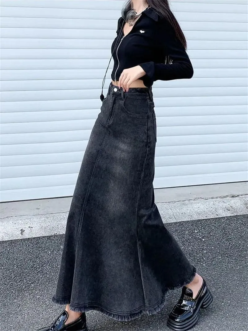 Women's Denim Skirts Vintage Midi Skirt High Waisted Mermaid A Line Skirt