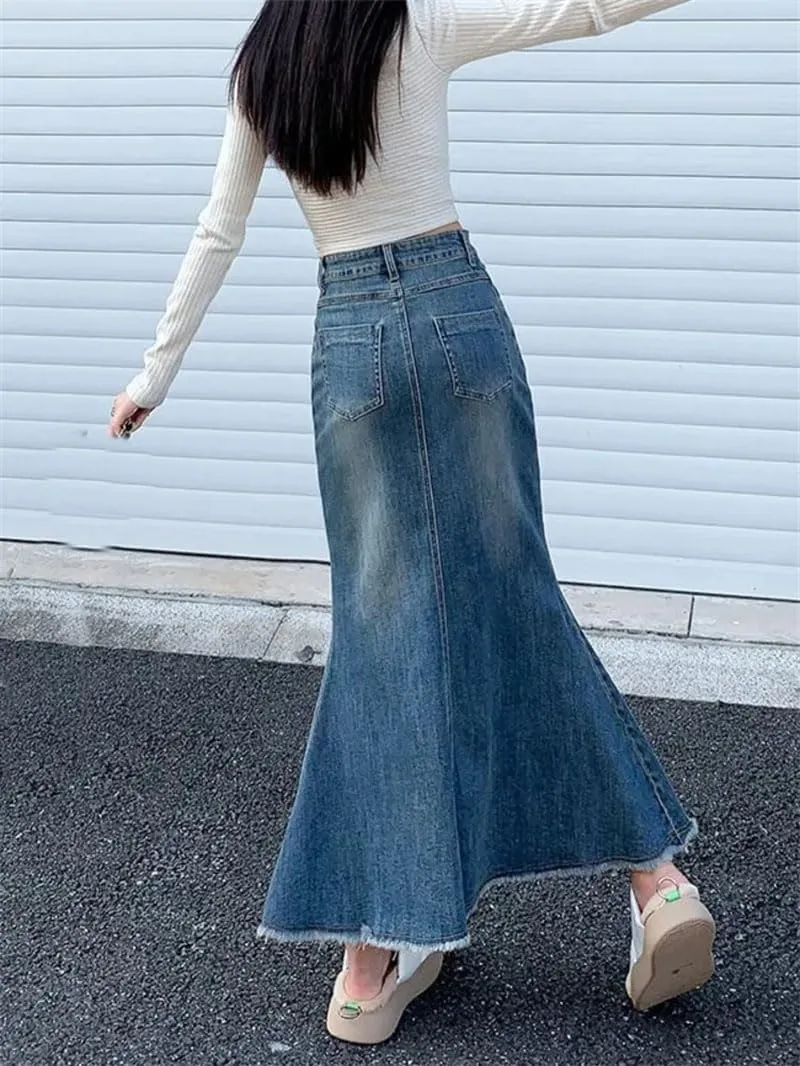 Women's Denim Skirts Vintage Midi Skirt High Waisted Mermaid A Line Skirt