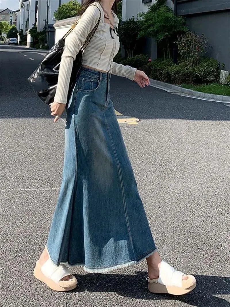 Women's Denim Skirts Vintage Midi Skirt High Waisted Mermaid A Line Skirt