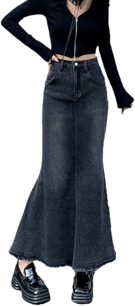 Women's Denim Skirts Vintage Midi Skirt High Waisted Mermaid A Line Skirt