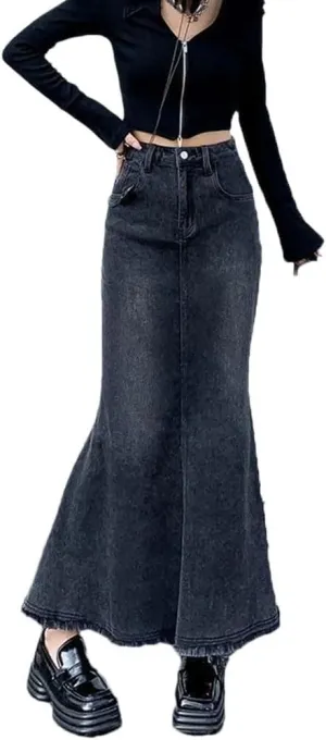 Women's Denim Skirts Vintage Midi Skirt High Waisted Mermaid A Line Skirt