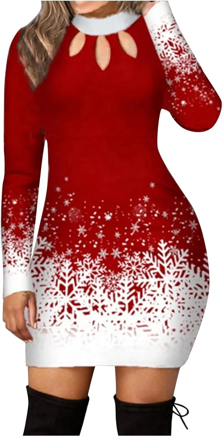 Women's Dresses Christmas Print Long Sleeve Turtleneck Knitted Dress Casual Elegant Sexy Slim Fit Bodycon Jumper Dress