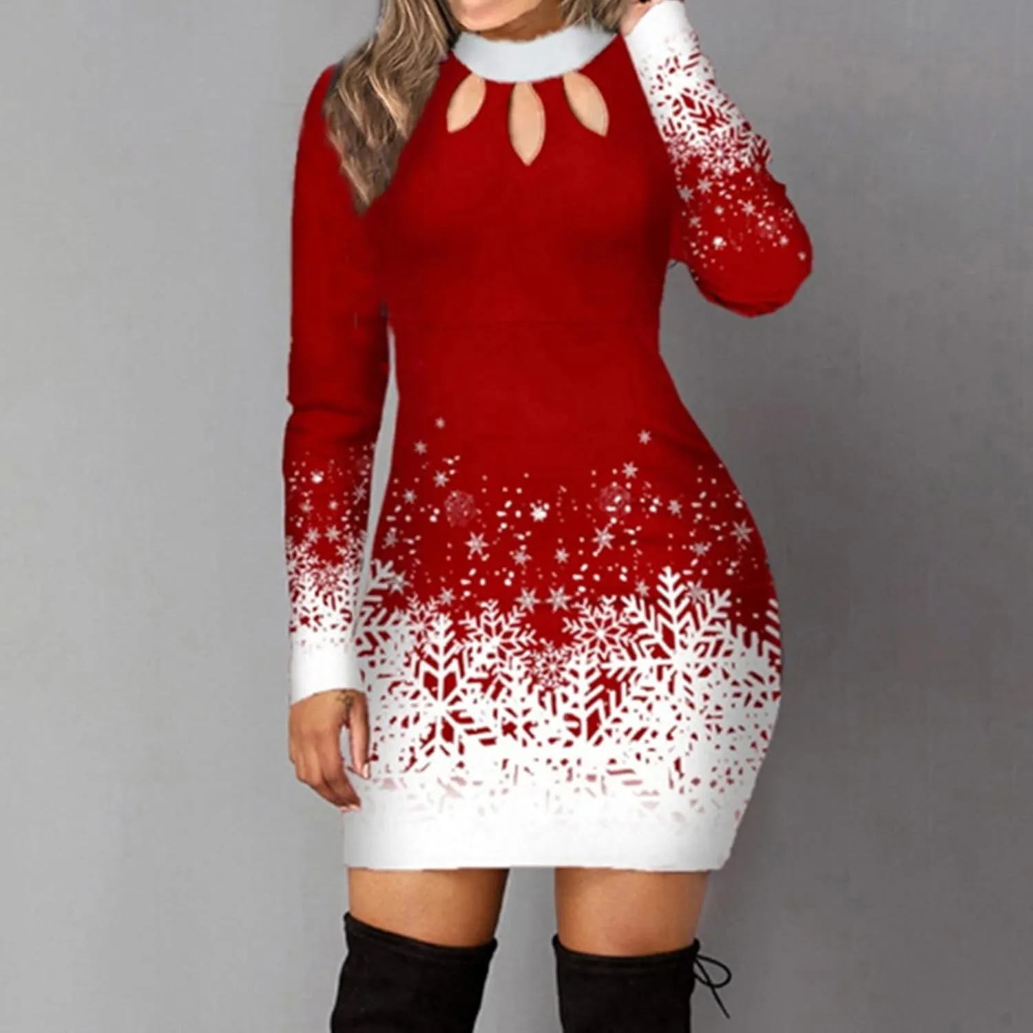 Women's Dresses Christmas Print Long Sleeve Turtleneck Knitted Dress Casual Elegant Sexy Slim Fit Bodycon Jumper Dress