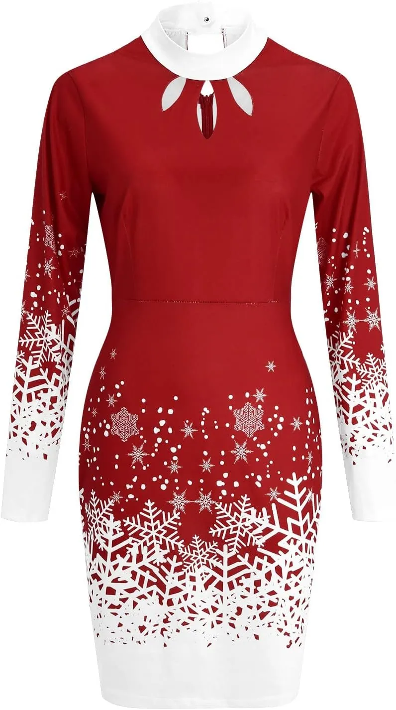 Women's Dresses Christmas Print Long Sleeve Turtleneck Knitted Dress Casual Elegant Sexy Slim Fit Bodycon Jumper Dress