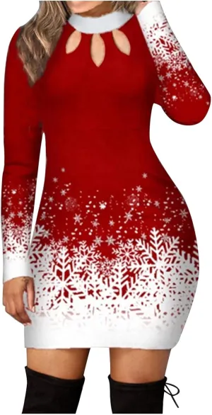 Women's Dresses Christmas Print Long Sleeve Turtleneck Knitted Dress Casual Elegant Sexy Slim Fit Bodycon Jumper Dress
