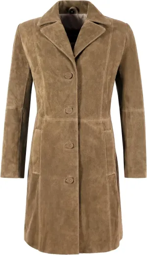Women's Elegant Trench Coat Classic Real Suede Leather Knee-Length Slim Fit Coat 3457