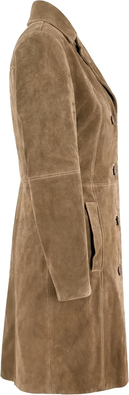 Women's Elegant Trench Coat Classic Real Suede Leather Knee-Length Slim Fit Coat 3457