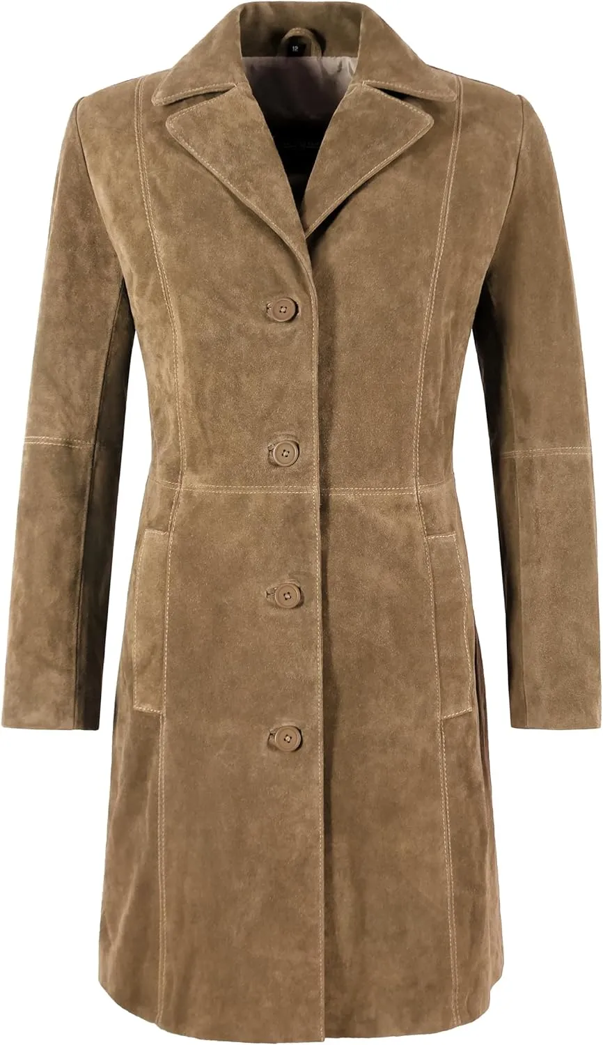 Women's Elegant Trench Coat Classic Real Suede Leather Knee-Length Slim Fit Coat 3457