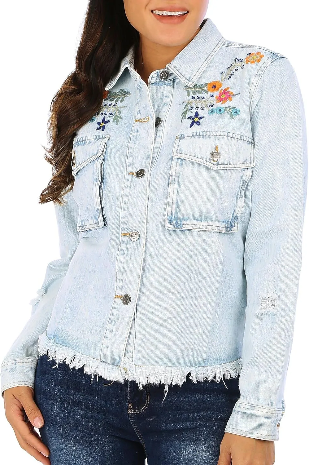 Womens Embroidered Frayed Denim Jacket X-Large Denim light