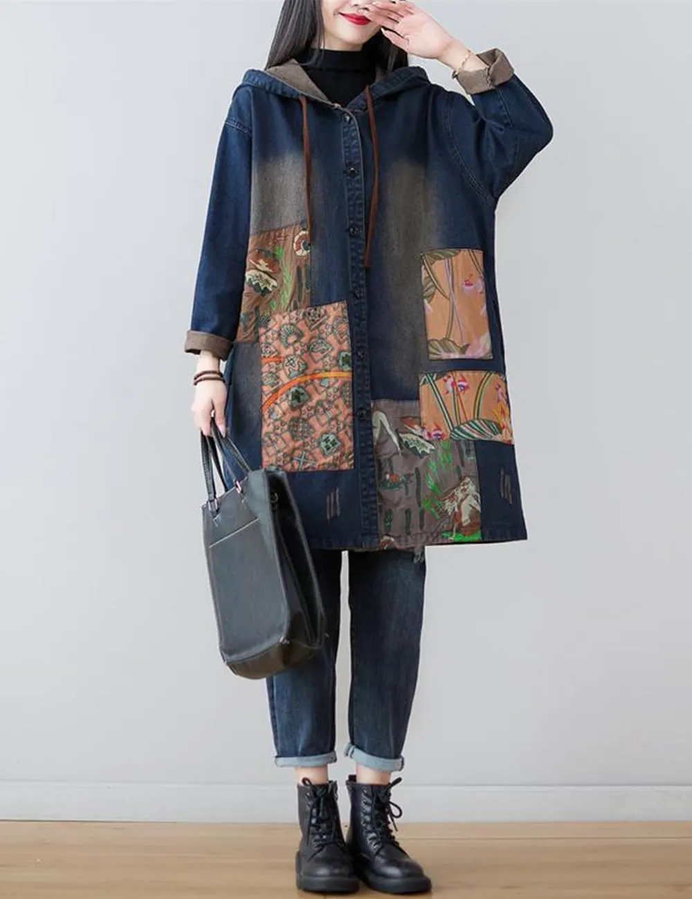 Women's Fashion Spring Button Down Midi Long Denim Hoodie Jean Jacket Maxi Trench Coat Windbreaker