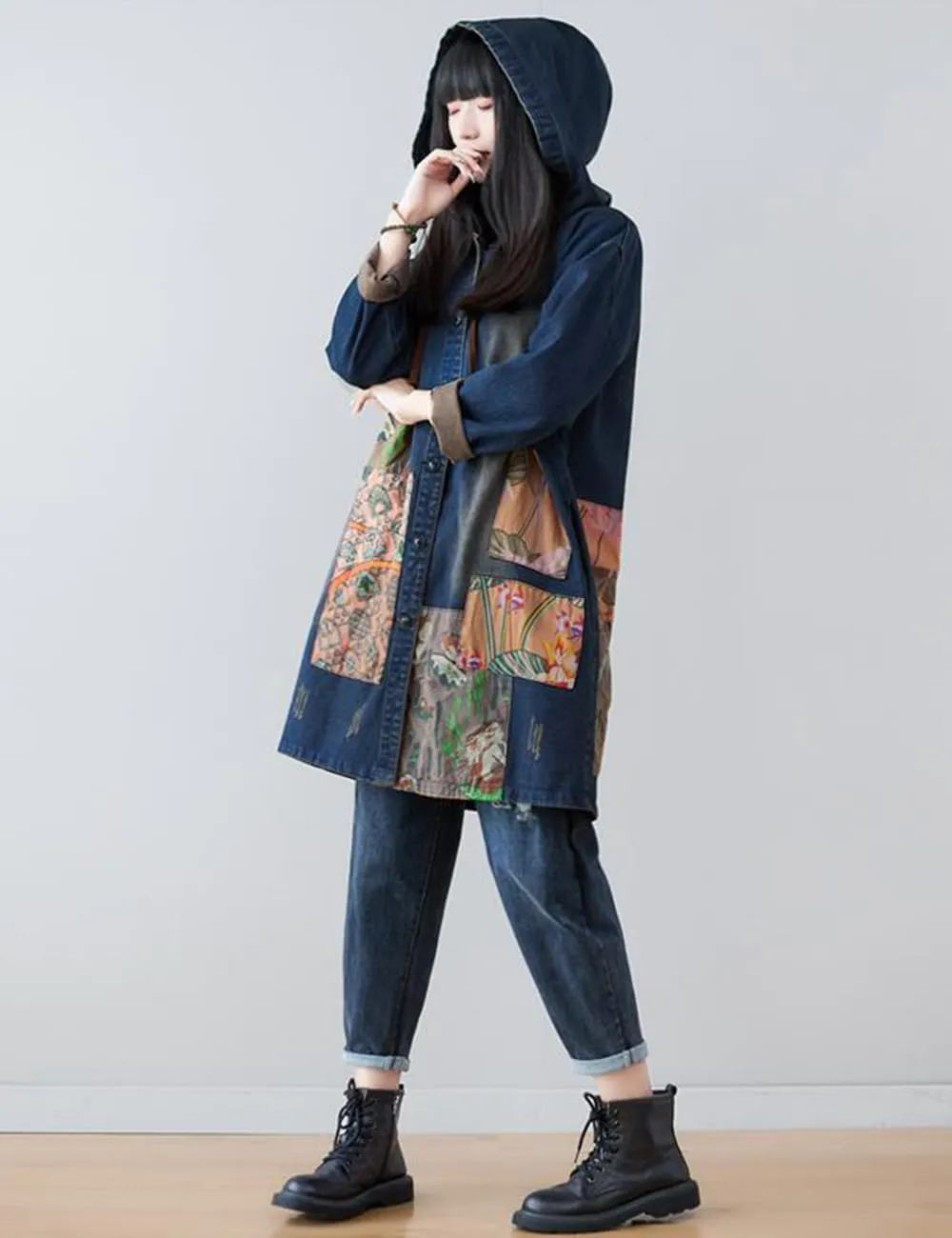 Women's Fashion Spring Button Down Midi Long Denim Hoodie Jean Jacket Maxi Trench Coat Windbreaker