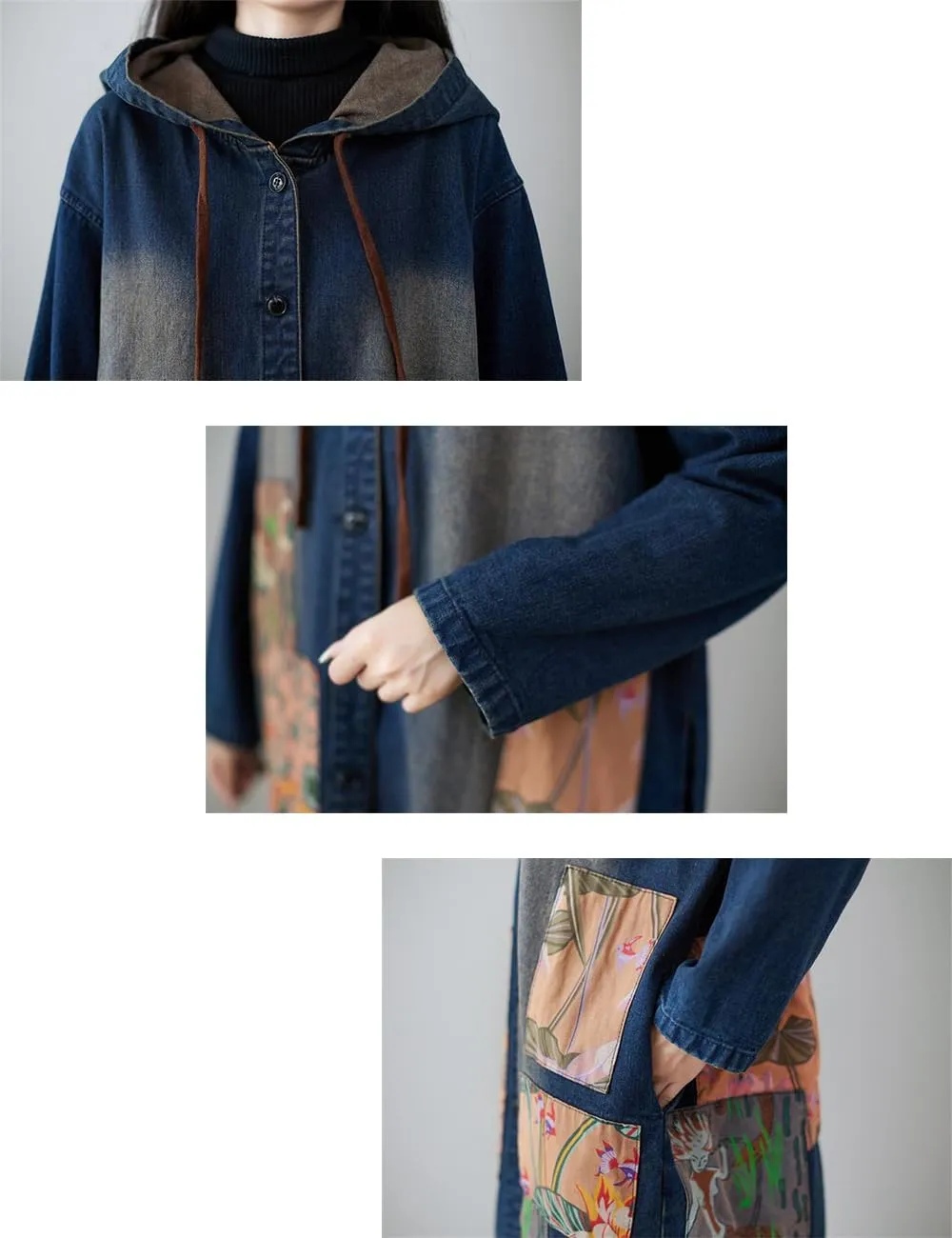 Women's Fashion Spring Button Down Midi Long Denim Hoodie Jean Jacket Maxi Trench Coat Windbreaker