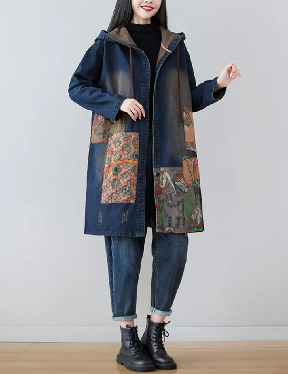 Women's Fashion Spring Button Down Midi Long Denim Hoodie Jean Jacket Maxi Trench Coat Windbreaker
