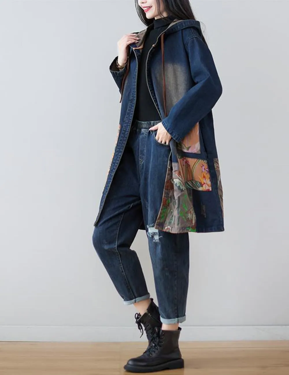 Women's Fashion Spring Button Down Midi Long Denim Hoodie Jean Jacket Maxi Trench Coat Windbreaker