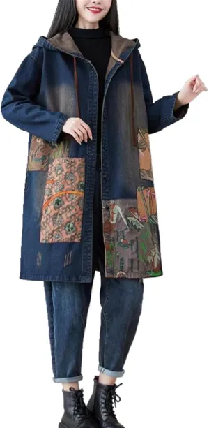 Women's Fashion Spring Button Down Midi Long Denim Hoodie Jean Jacket Maxi Trench Coat Windbreaker