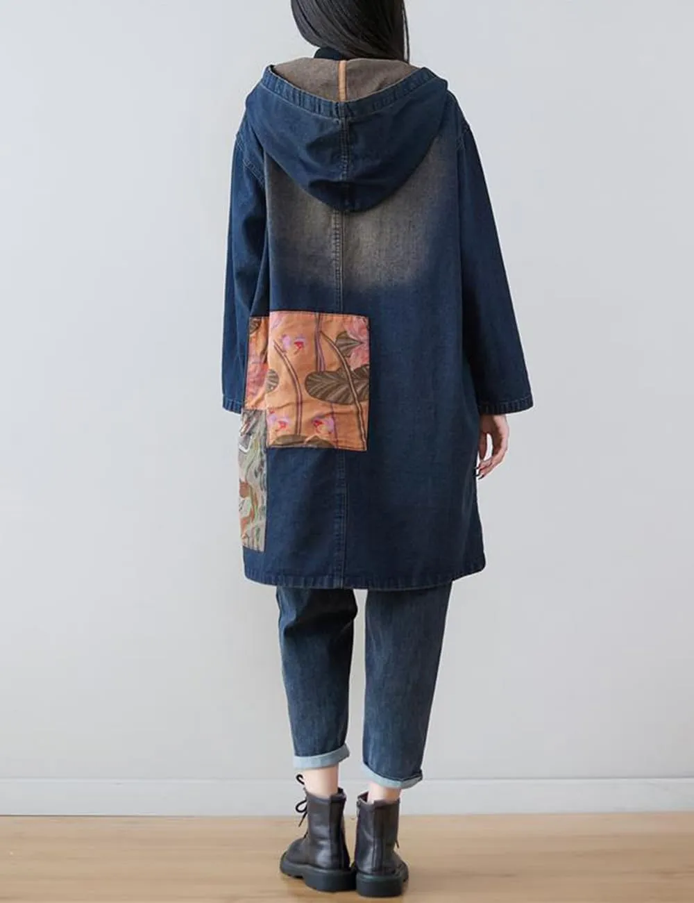 Women's Fashion Spring Button Down Midi Long Denim Hoodie Jean Jacket Maxi Trench Coat Windbreaker