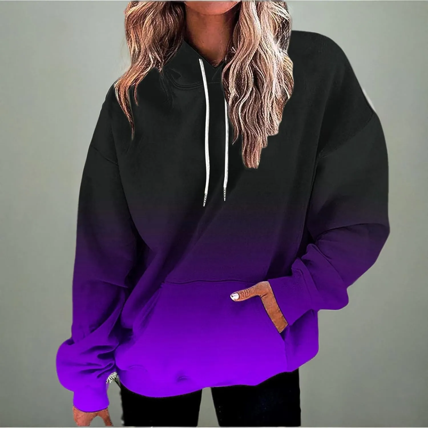 Womens Gradient Print Oversized Sweatshirt Drawstring Pullover with Pocket Trendy Sweater Tops Fashion Clothes