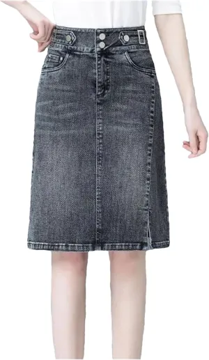 Women's High Waist Straight Denim Skirt Summer Vintage Midi A Line Jeans Skirts