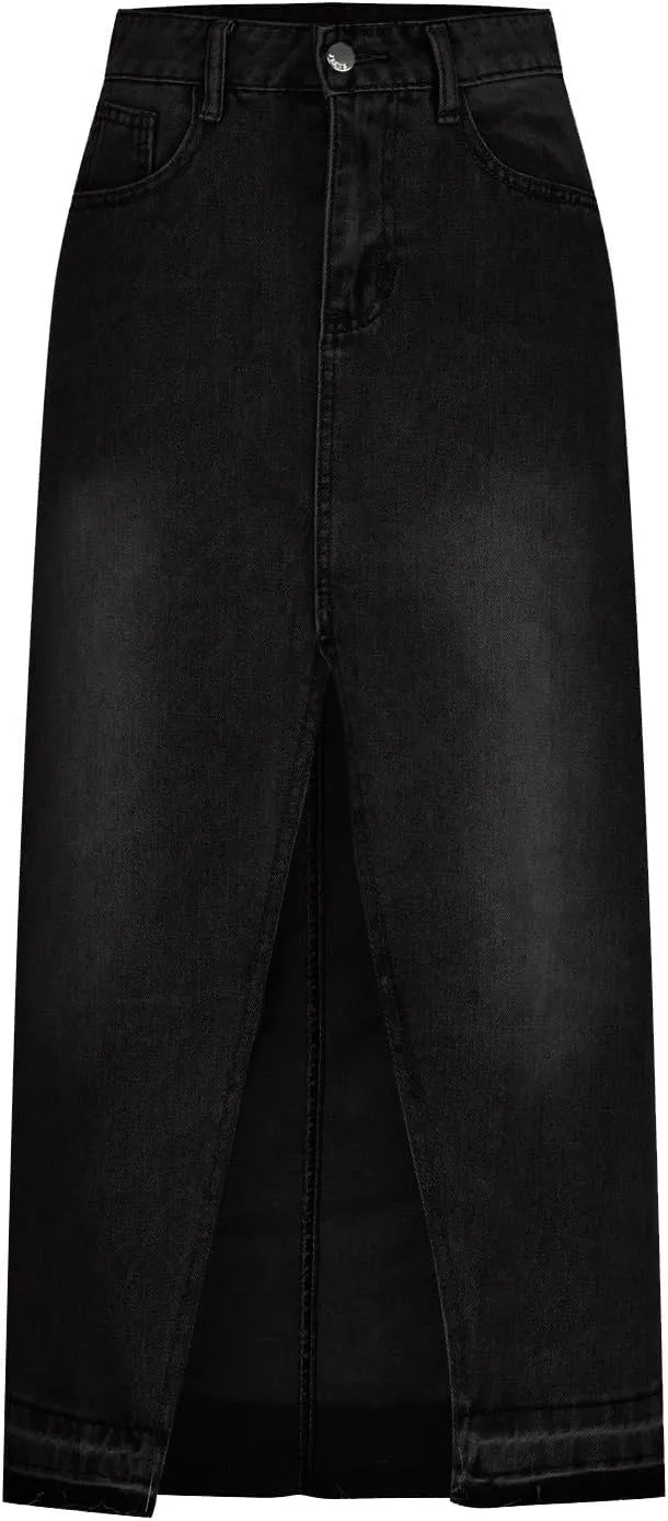 Women's High Waisted Denim Skirt Button Fly Split Hem Thigh Maxi Skirts Elegant Midi A Line Bodycon Denim Jean Skirt