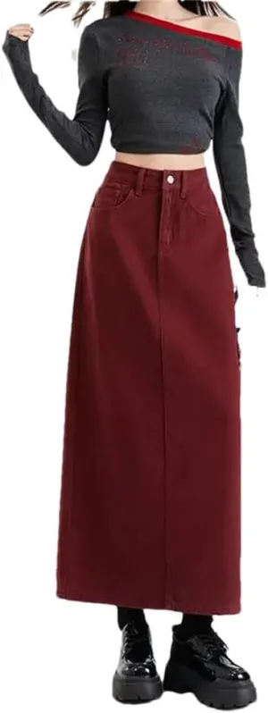 Women's High-Waisted Jean Skirt Buttons Split Slimming Half Skirts