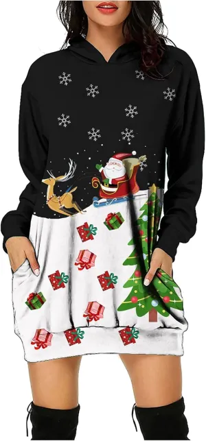 Women's Hoodies Sweatshirt Dresses Fashion Christmas Print Casual Loose Long Sleeve Pullover Jumper Plus Size