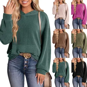 Womens Hoodies Y2k Loose Pullover Casual Long Sleeve Shirts Trendy Ribbed Knit Cute Fall Tunic Hoodies with Pocket
