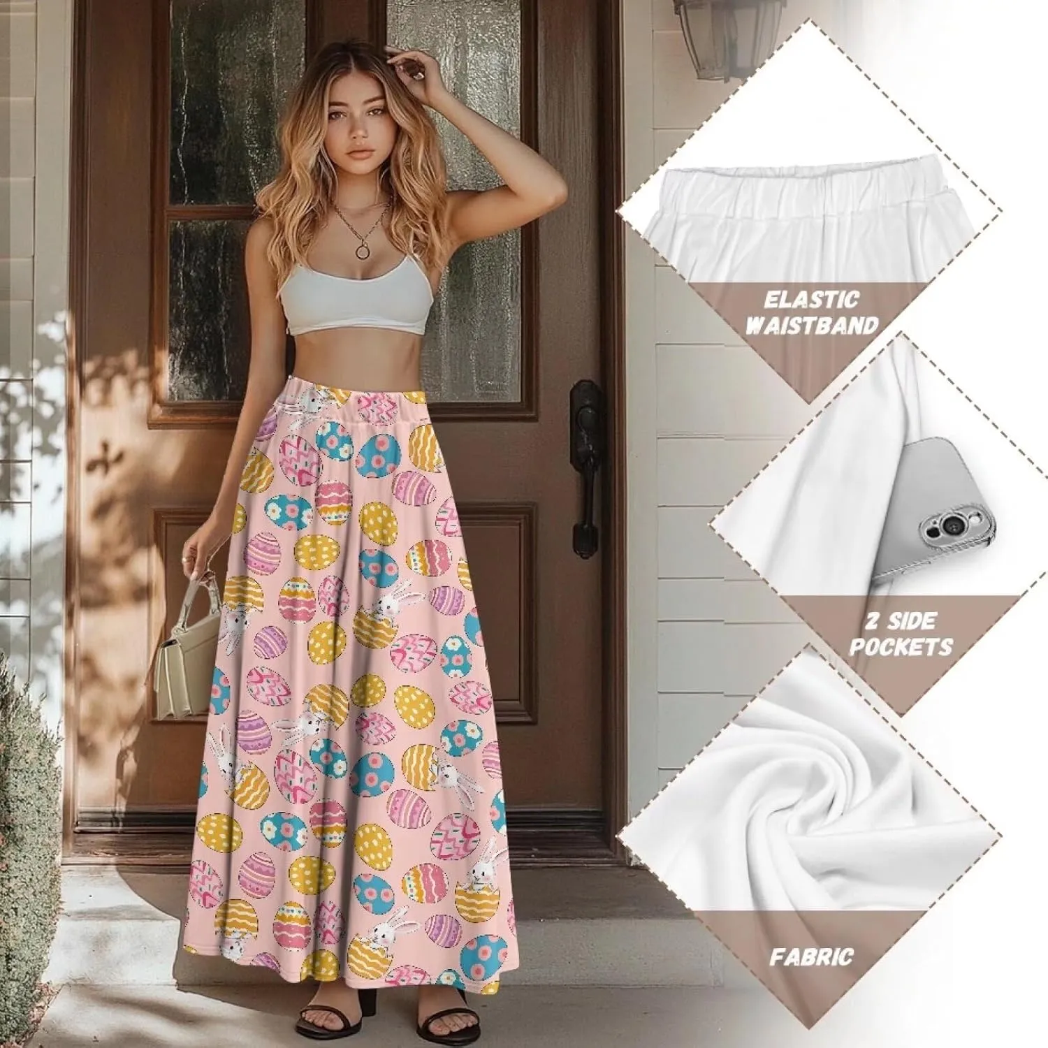 Women's Long High Waist A Line Skirt with Pockets for Women Trendy Hem Women's Long High Waist