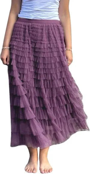 Women's Long Skirt Multilayer Mesh Pleated High Waist Elegant Solid Color Cake Skirt Tulle Tutu Maxi Skirt