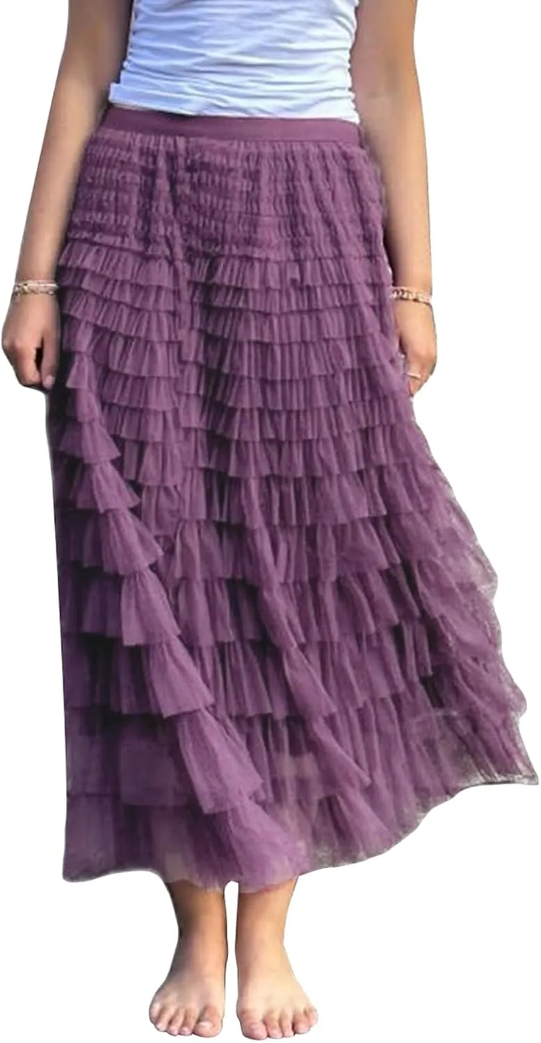 Women's Long Skirt Multilayer Mesh Pleated High Waist Elegant Solid Color Cake Skirt Tulle Tutu Maxi Skirt