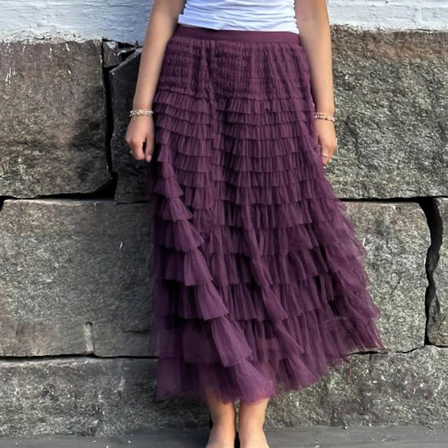 Women's Long Skirt Multilayer Mesh Pleated High Waist Elegant Solid Color Cake Skirt Tulle Tutu Maxi Skirt