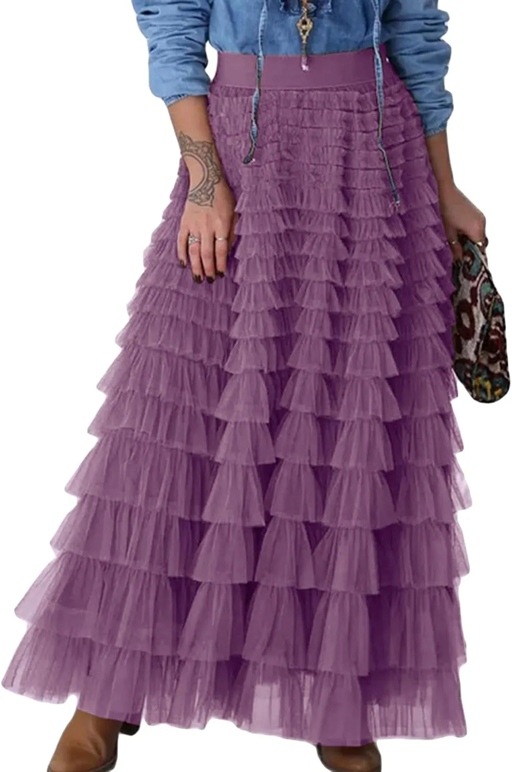 Women's Long Skirt Multilayer Mesh Pleated High Waist Elegant Solid Color Cake Skirt Tulle Tutu Maxi Skirt