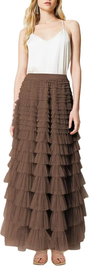 Women's Long Skirt Multilayer Mesh Pleated High Waist Elegant Solid Color Cake Skirt Tulle Tutu Maxi Skirt