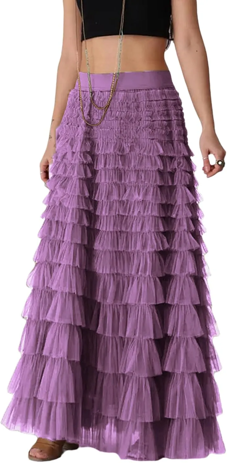 Women's Long Skirt Multilayer Mesh Pleated High Waist Elegant Solid Color Cake Skirt Tulle Tutu Maxi Skirt