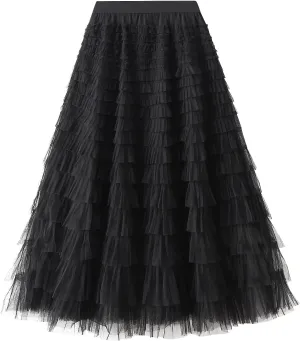 Women's Long Skirt Multilayer Mesh Pleated High Waist Elegant Solid Color Cake Skirt Tulle Tutu Maxi Skirt