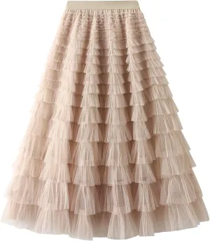 Women's Long Skirt Multilayer Mesh Pleated High Waist Elegant Solid Color Cake Skirt Tulle Tutu Maxi Skirt