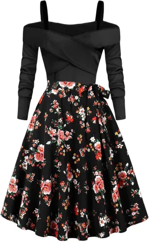 Womens Long Sleeve Floral Dress Sexy Elegant Off Shoulder Ruffle Pleated Causal Dress Funny Floral Print Fall Dresses