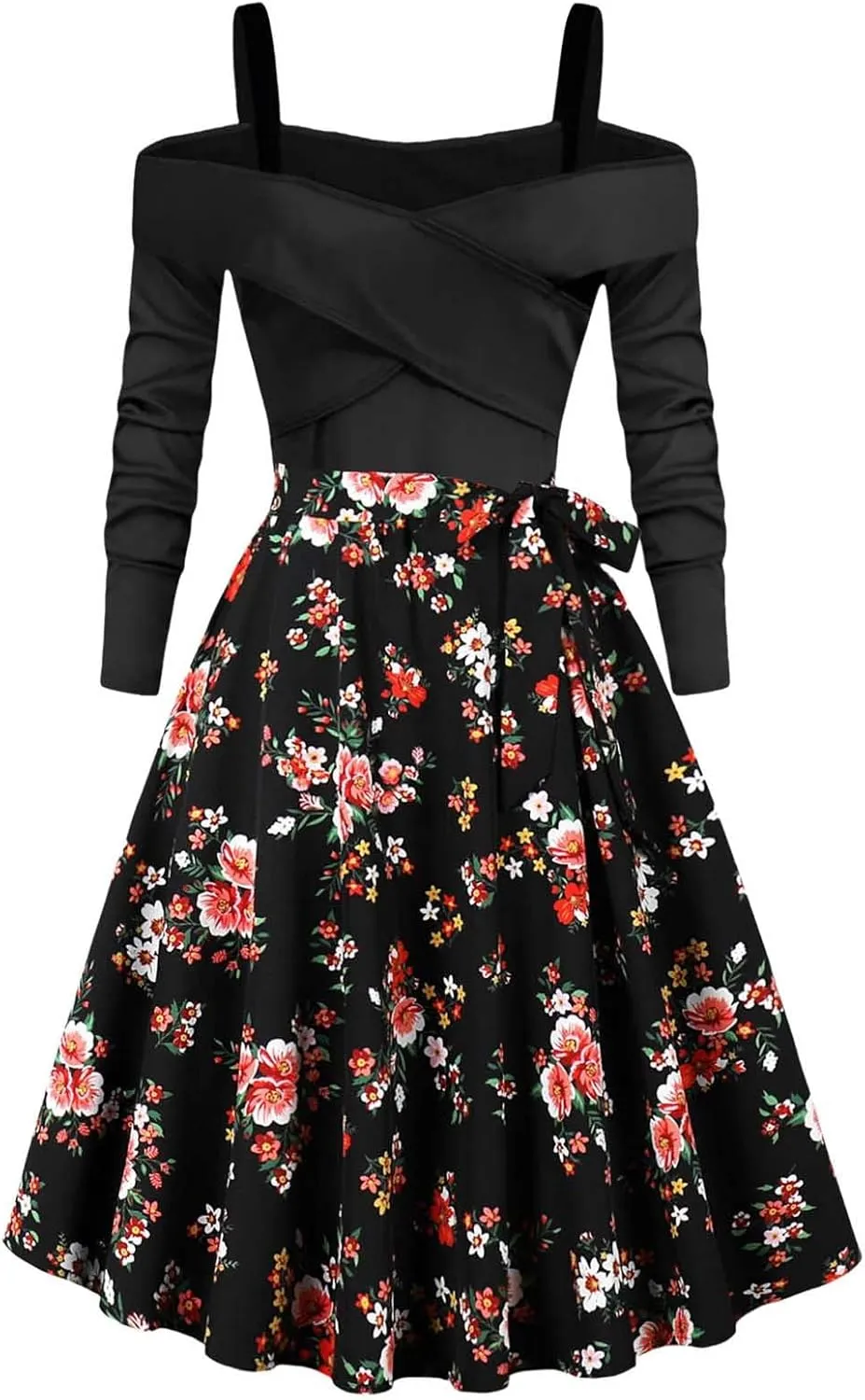 Womens Long Sleeve Floral Dress Sexy Elegant Off Shoulder Ruffle Pleated Causal Dress Funny Floral Print Fall Dresses