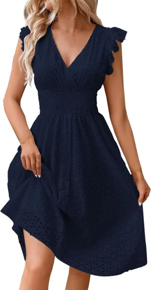 Women's Midi Lace Jacquard Cutout Slimming Sexy V Neck Plus Size Dresses Sheer Sundress