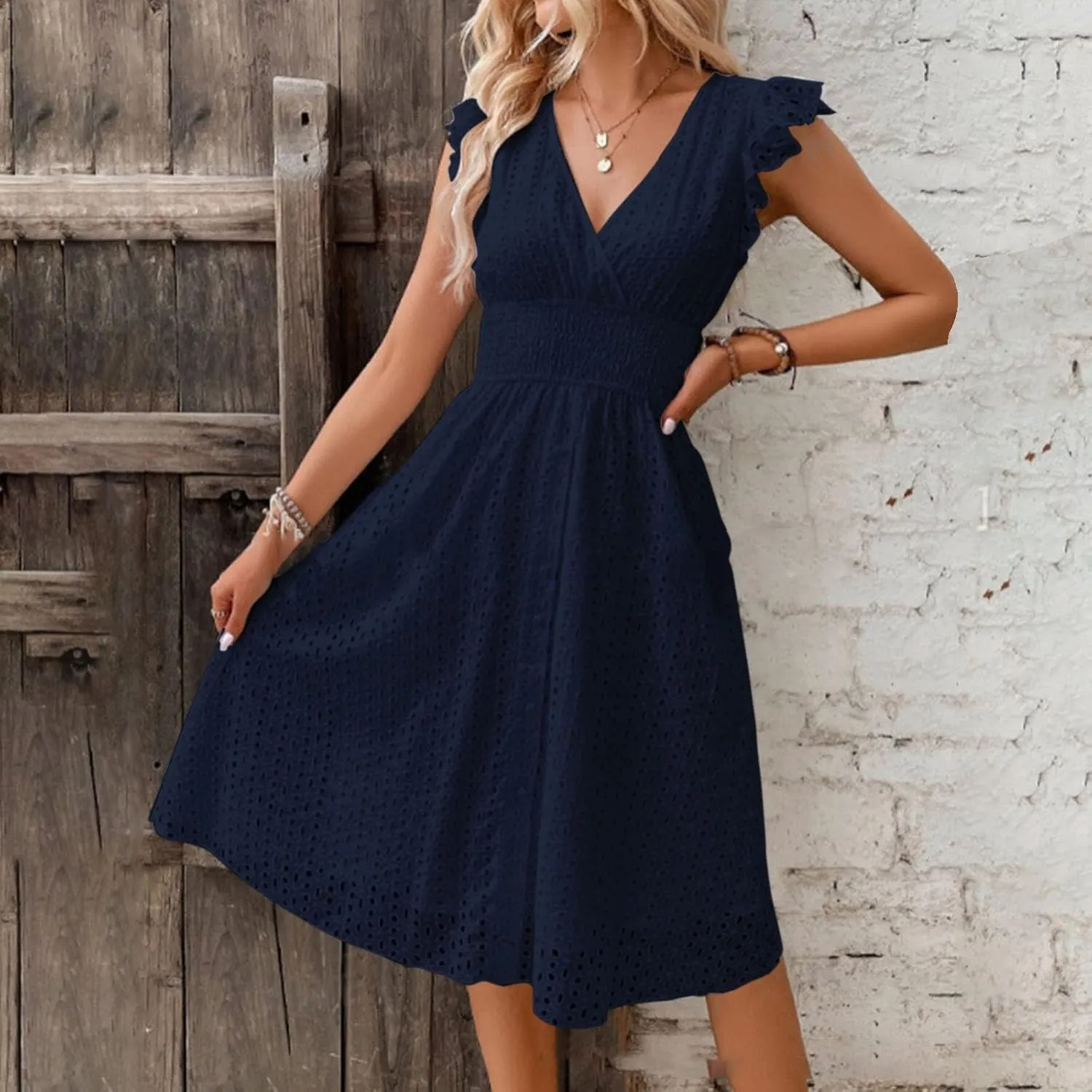Women's Midi Lace Jacquard Cutout Slimming Sexy V Neck Plus Size Dresses Sheer Sundress