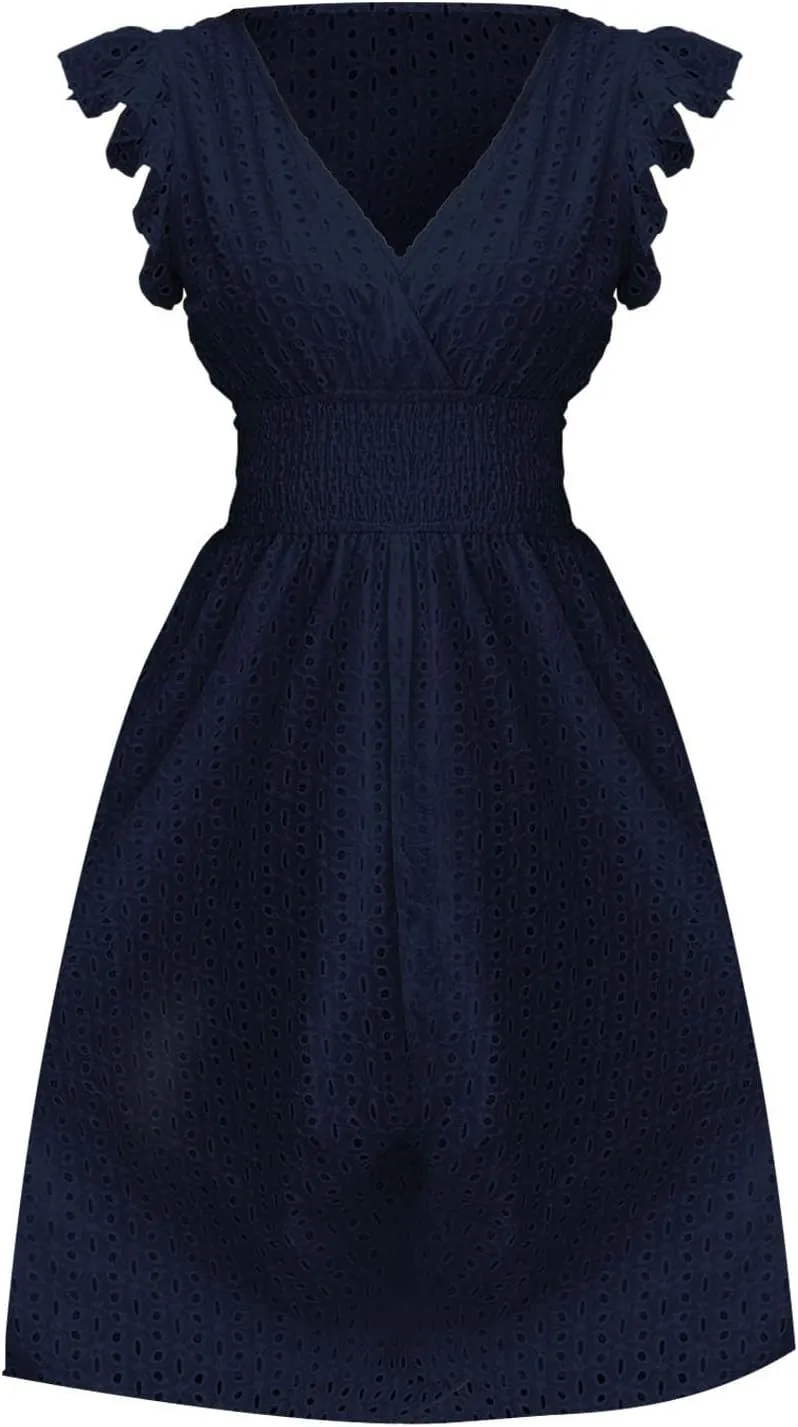 Women's Midi Lace Jacquard Cutout Slimming Sexy V Neck Plus Size Dresses Sheer Sundress