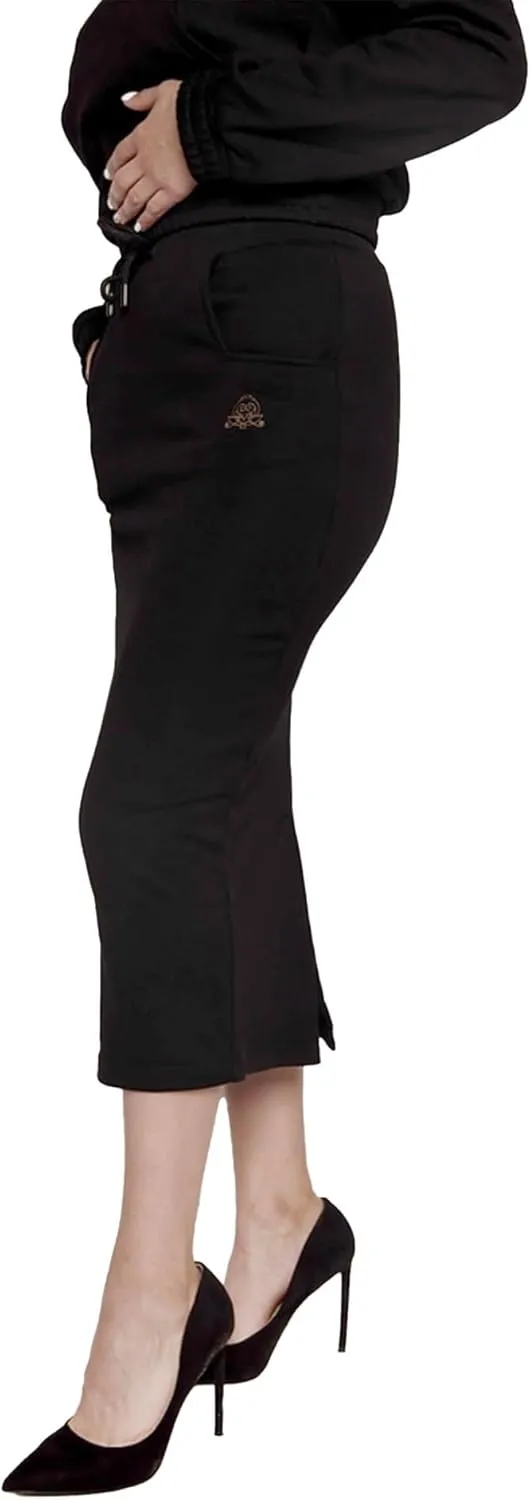 Women's Midi Pencil Skirt with Elastic Waistband, Drawstring and Side Square Pockets