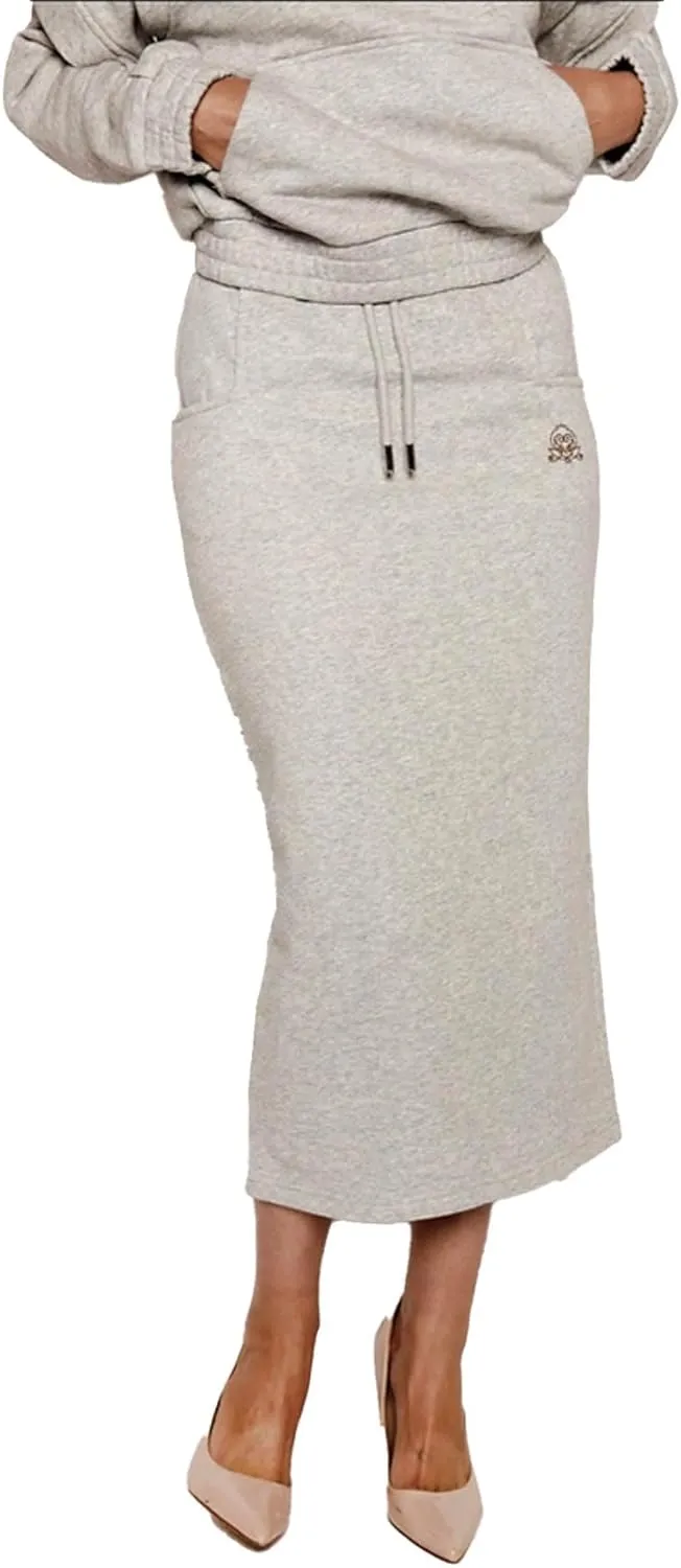 Women's Midi Pencil Skirt with Elastic Waistband, Drawstring and Side Square Pockets