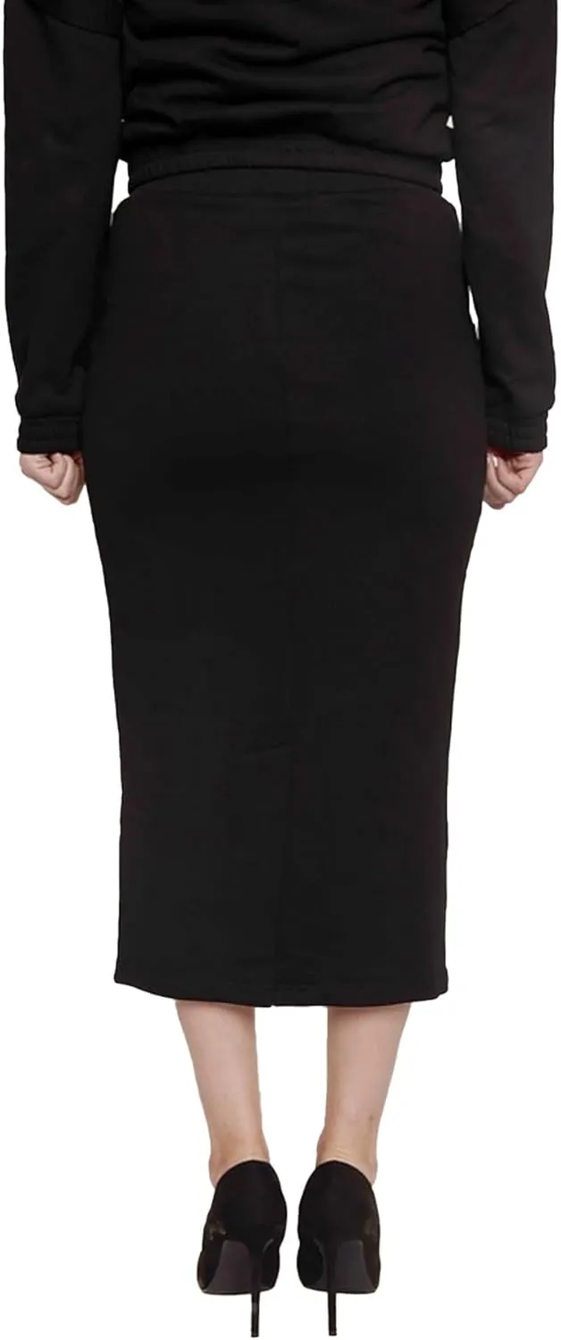 Women's Midi Pencil Skirt with Elastic Waistband, Drawstring and Side Square Pockets