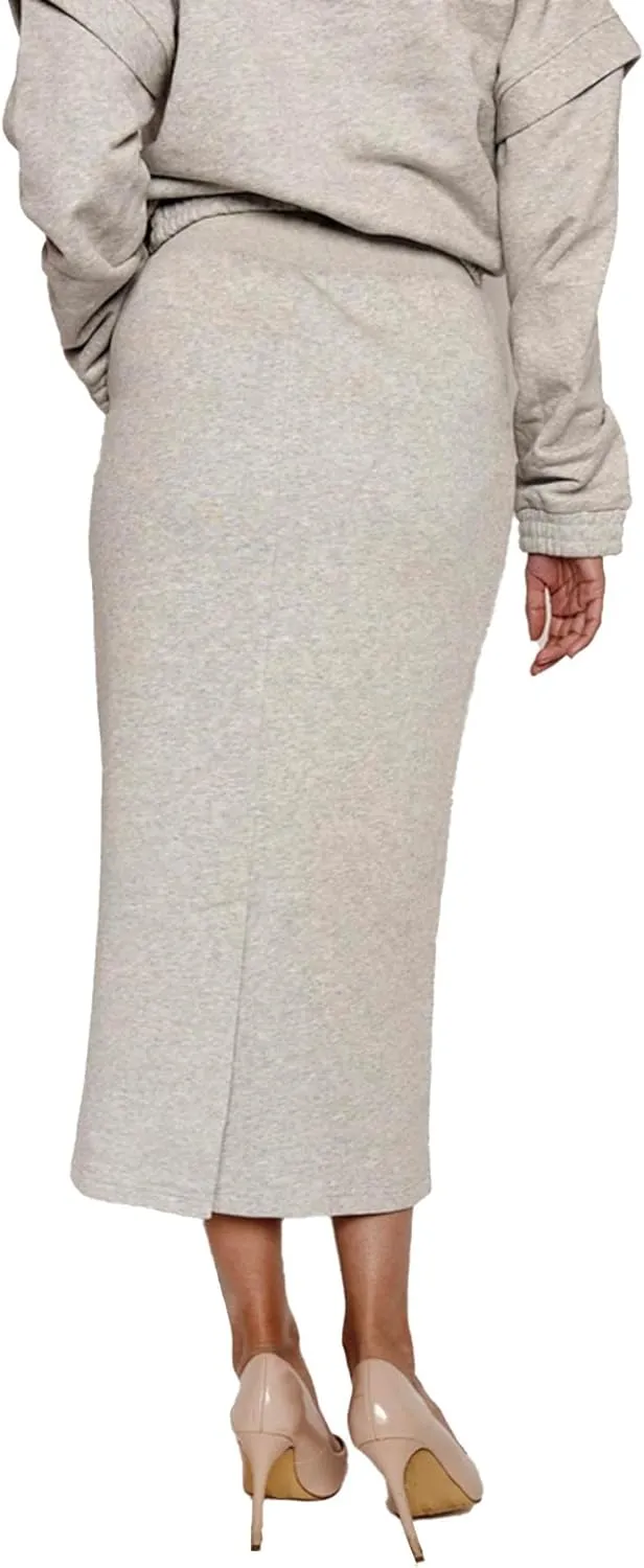 Women's Midi Pencil Skirt with Elastic Waistband, Drawstring and Side Square Pockets