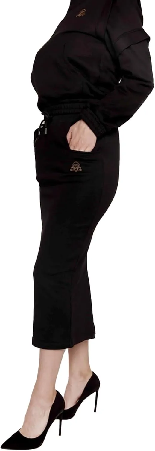 Women's Midi Pencil Skirt with Elastic Waistband, Drawstring and Side Square Pockets