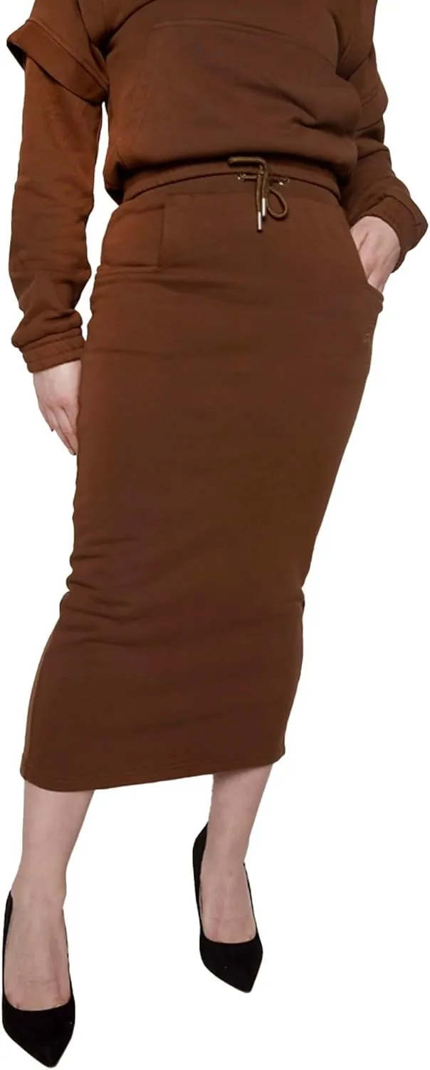 Women's Midi Pencil Skirt with Elastic Waistband, Drawstring and Side Square Pockets