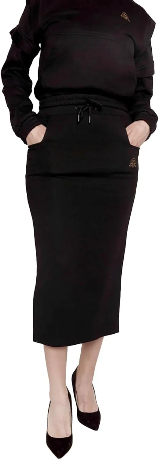 Women's Midi Pencil Skirt with Elastic Waistband, Drawstring and Side Square Pockets